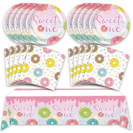 MASGY 41pcs Donut Party Supplies,Sweet One Birthday Party set Include dessert plate,Napkin and Tablecloth,Used for Candyland Birthday Party Decoration