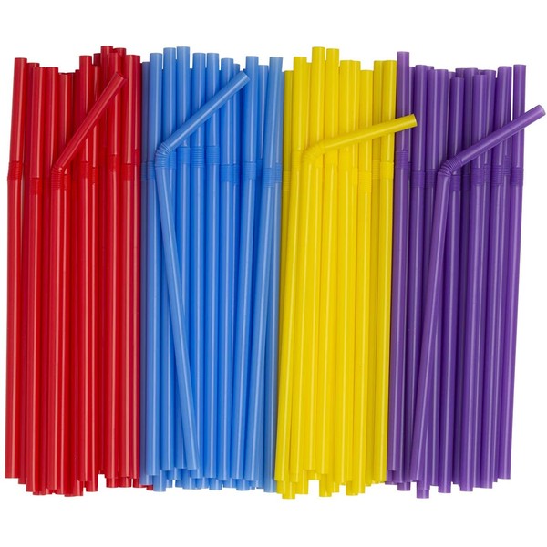 [500 Pack] Flexible Disposable Plastic Drinking Straws - 7.75" High - Assorted Colors