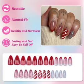 Ceboic Christmas False Nails Almond Medium, 24PCS Red French Tip Press on Nails Candy Stripes Pattern Fake Nails, Silver Shiny Glossy Full Cover Glue on Nails Artificial Stick on Nails for Women