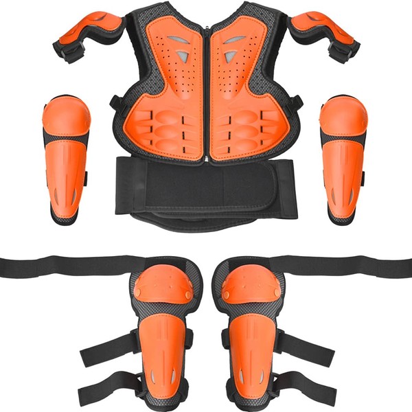 Kids Motorcycle Armor Vest Suit Body Dirt Bike Protective Gear Youth Chest Spine Protector Child Elbow Knee Pads for Outdoor Racing Riding Skating Snowboarding Skiing Orange