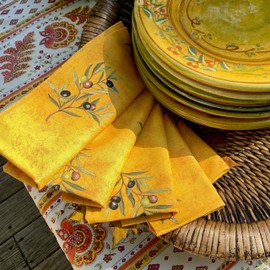 Amelie Michel French 100% Cotton Print Napkin in Olives, Yellow | Made in France | Set of 4