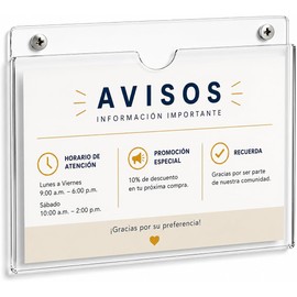 Porta Documentos Acrílico Transparente para Pared, Tamaño Carta, 3 mm de Grosor Exhibidor de Folletos, Menús y Avisos Organizador de Oficina y Negocio