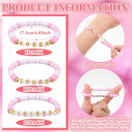 Quelay 24 Pack Birthday Party Polymer Clay Letter Beaded Stretch Bracelet Birthday Squad Gold Heart Beaded Bracelet Gradient Color for 20th 30th 40th 50th 60th Party Favor Gift(Pink)