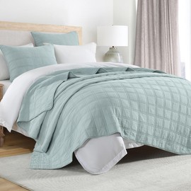 HORIMOTE HOME 100% Cotton Quilt Set King Size, Paleturquoise Pre-Washed Bedspreads Coverlet Set in Geometric Pattern, Cozy Lightweight Stitching Decorative Bedding Cover with 2 Shams for All Season