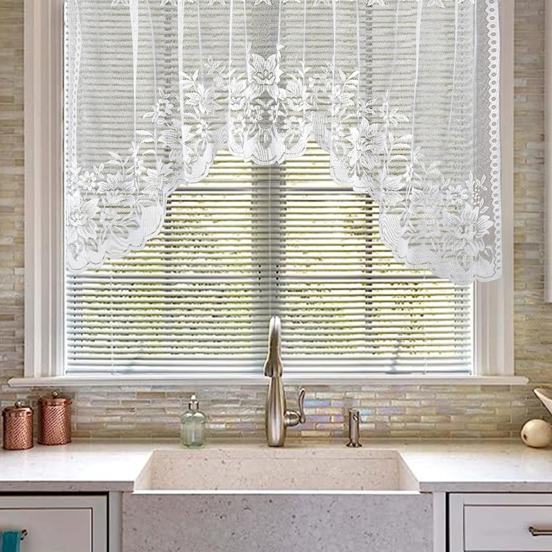 Molaxhome White Short Lace Cafe Valance Beautiful Semi Sheer Window