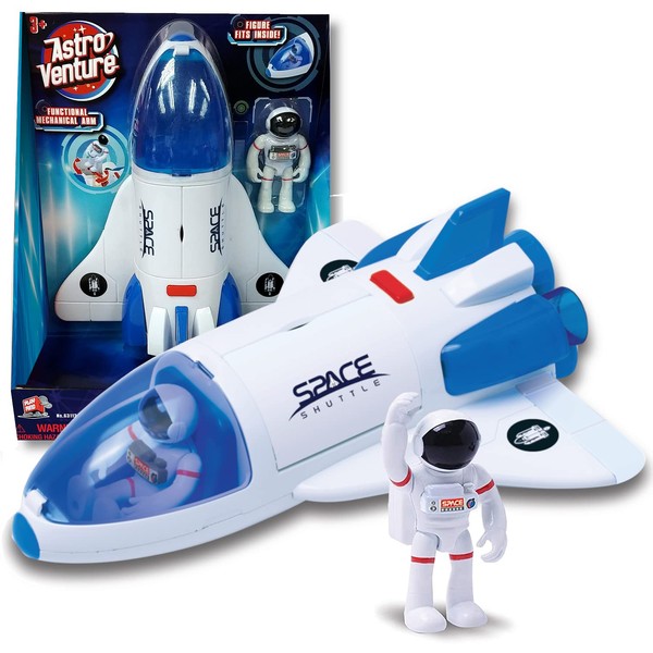 Astro Venture Space Shuttle Toy - Plastic Spaceship for Kids with Lights and Sound - Astronaut Figure, Openable Cockpit and Compartment, Extended Arm - Fun Space Gift Toys for Any Mission & Adventure