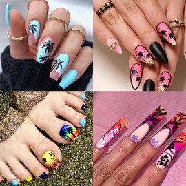 Summer Nail Stickers 3D Self-Adhesive Beach Palm Coconut Tree Nail Decals Cute Flower Flamingo Tropic Plantain Leaf Designs Acrylic Nail Art Supplies for Women Girls Kids DIY Manicure Decorations 6Pcs