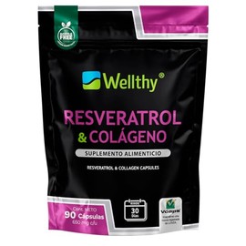Wellthy Resveratrol y Colágeno Cápsulas.1350mg de Colageno Hidrolizado, 600mg de Resveratrol. Vcaps Cápsulas Veganas, Gluten Free, Sugar Free, Bottle Free.