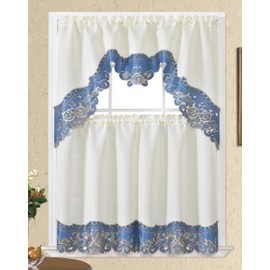 GOHD Arch Rosarium 3pcs Kitchen Curtain Set, Elegant Ivory Fabric with Rose Embroidery in Distinctive Gold Thread, Swag and Kitchen Tiers Set with cutworks on Border (Riverside Blue)