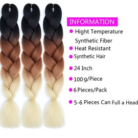 6pcs/lot Ombre Jumbo Braiding Hair Extensions 24 Inch High Temperature Synthetic Fiber Braids Hair Extensions for Crochet Twist Braid Hair (24" black to brown to beige)