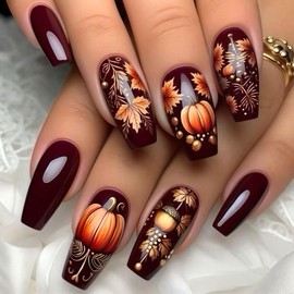 Dark Brown Press on Nails Medium Coffin Fake Nails with Pumpkin Acorns Maple Leaves Design Thanksgiving Glue on Nail Full Cover False Nails Reusable Autumn Acrylic Nail for Women 24Pcs