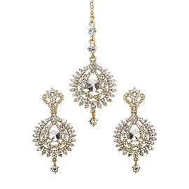 Bindhani Rhinestone Round Drop Gold Toned Indian Earrings With HeadPiece Maang Tikka For Women
