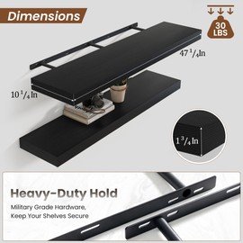 48" Black Floating Shelves for Wall,10.3" Deep Rustic Wood Storage Wall Shelves with Heavy Duty Brackets for Bathroom,Bedroom,Kitchen,Living Room,Office