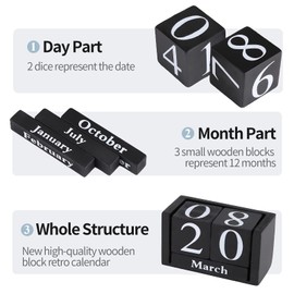 Wooden Calendar,Vintage Wooden Calendar Block Desktop Block Month Date Display for Living Room Office 9.4 * 5.2 * 4.1cm(Black)