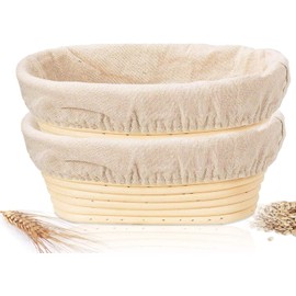 2 Pcs Banneton Bread Proofing Baskets, 25cm Oval Sourdough Proofing Basket with Linen Cloth Liner for Artisan Bread Making for Professional and Home Bakers