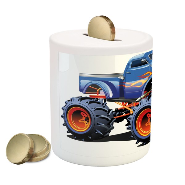 Lunarable Man Cave Piggy Bank, Cartoon Monster Truck with Huge Tyres Off-Road Heavy Large Tractor Wheels Turbo, Ceramic Coin Bank Money Box for Cash Saving, 3.6" X 3.2", Blue Orange