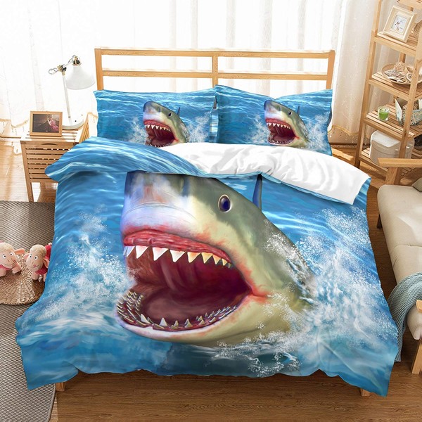 MOUMOUHOME Full/Queen Size Shark Bedding Kids Gift 3D Shark Jumping from Ocean Big Open Mouth Printed Blue Duvet Cover Bed Sets with Zipper for Boys Girls 3 Pieces No Comforter