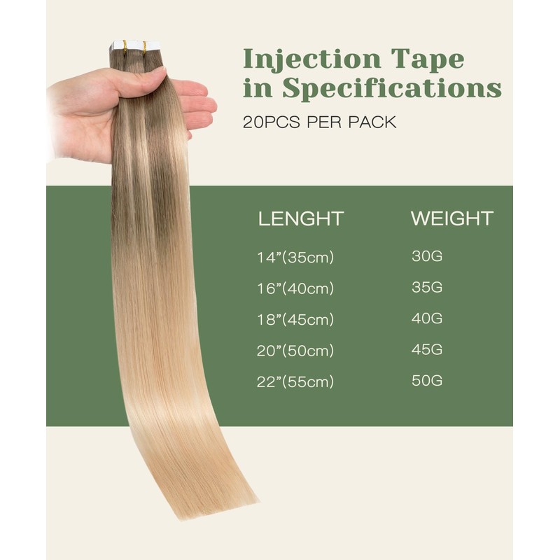 SURNEL Injected Tape in Hair Extensions 22Inch Light Brown Fading