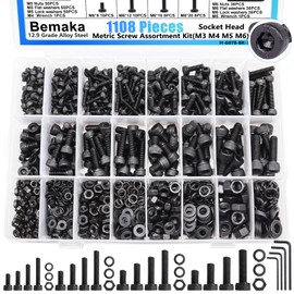Bemaka 1108PCS Metric Screw Assortment Kit, M3 M4 M5 M6 Metric Bolts and Nuts Kit with with Lock & Flat Washers, 12.9 Grade Alloy Steel Hex Socket Head Cap Screws for 3D Printing