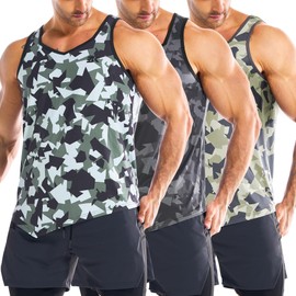 BROKIG Men's Irregular Gym Tank Tops 3 Pack Lightweight Quick Dry Running Sleeveless Shirts Bodybuilding Tee(Camo Black/Camo Green/Camo Yellow, Large)