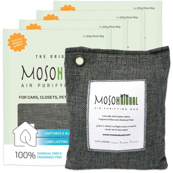 Moso Natural Air Purifying Bag 200g (4 Pack). A Scent Free Odor Eliminator for Cars, Closets, Bathrooms, Pet Areas. Premium Moso Bamboo Charcoal Odor Absorber. (Charcoal Grey) Two Year Lifespan!