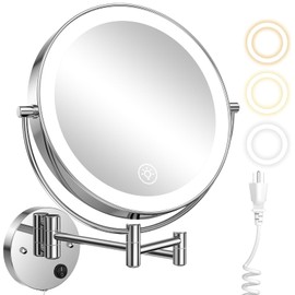 Wall Mounted Lighted Makeup Mirror - 9 Inch Large Double Sided 1X/10X Magnifying LED Vanity Mirror with 3 Color Lights & Stepless Dimming - 360°Swivel Extendable Bathroom Touch Sensor Cosmetic Mirror