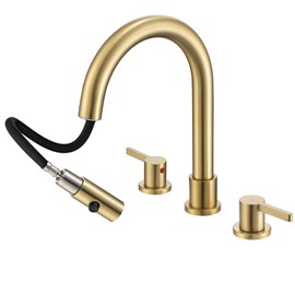 QEEMEE Pull Down Sprayer Brushed Gold Bathroom Sink Faucet, 8 Inch 3 Hole 2 Handles Widespread Pull Out Bathroom Faucet，with Metal Pop-Up Drain and Water Supply Line