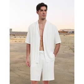 MoFiz Men's Linen Sets 2 Pieces Summer Vacation Party Beach Outfits Short Sleeve Button Down Shirts and Pants Set Beige White Large