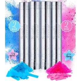 Gender Reveal Confetti Powder Cannon - 2 Blue & 2 Pink Poppers - Gender Reveal Party Supplies - Smoke Powder & Confetti Sticks Cannons - Gender Reveal Stickers 40pcs (20 Girl 20 Boy)