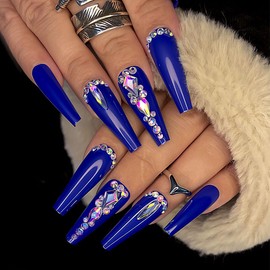 Yivaiks Rhinestone Press on Nails Blue with Charms Long Fake Nails with Glue on Artificial Nails Glossy False Nails 24pcs