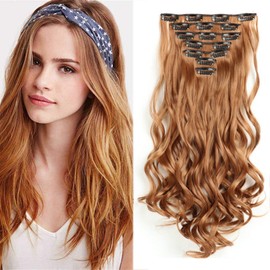 AUConer E8 22inch Long Auburn Ginger Colour Clip in Hair Extensions with 7Piece 16Clips seamless blend with your hair for special occasions party wedding cosplay show(22inch-Curly, Light Auburn)