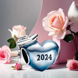 Feitery - Abalorio de graduación 2024, compatible con pulseras Pandora, abalorio dorado, con corazón, graduación, regalo para nieta, Zirconia cúbica, Circonita cúbica, Juego de A