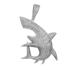 HarlemBling Solid 925 Sterling Silver - Iced Out CZ - Hip Hop Shark Pendant - Great For Any Necklace - Real ICY (Natural Silver)