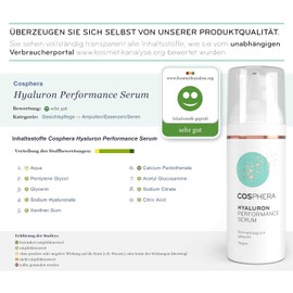 Cosphera Hyaluron Performance High Dose Vegan Anti-Wrinkle Moisturising Treatment Serum Hyaluronic Acid Concentrate Gel for Face Neck Cleavage and Eyes for Women and Men 50 ml