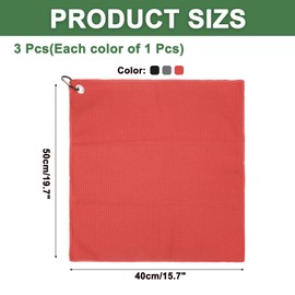 PATIKIL 20"x16" Microfiber Golf Towel, 3 Pack Tri-Fold Golf Towels Waffle Pattern Towels Absorption with D Clip, Hook and Loop Fastener, Black/Gray/Red
