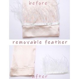 Ekouaer Women's Bridal Feather Trim Silk Satin Pajama Set Long Sleeve Lounge Sets Sleepwear (Removable Feather) Black Feather Medium