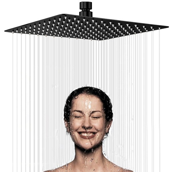 Fixed Shower Head 8 Inches – Stainless Steel Shower Head, Anti-Limescale Shower Head, Water-Saving and High Pressure Shower Head for Bathroom, Black (Square)