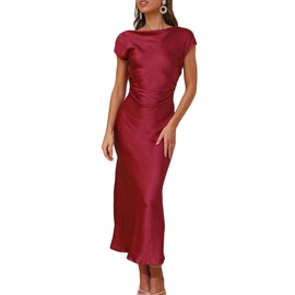 2025 Satin Cap Sleeve Cowl Back Summer Dresses for Women Elegant Ruched Waist Wedding Guest Midi Dress Burgundy
