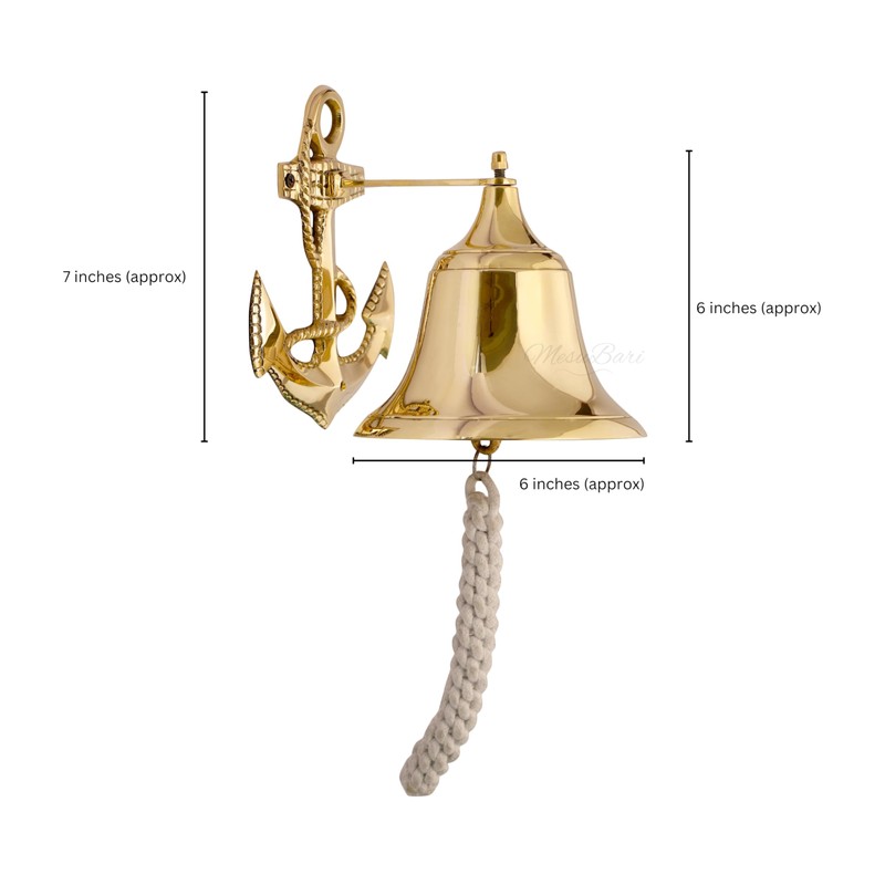 Nautical Brass Wall Mounted Hanging Bell with Rope, Marine Dinner