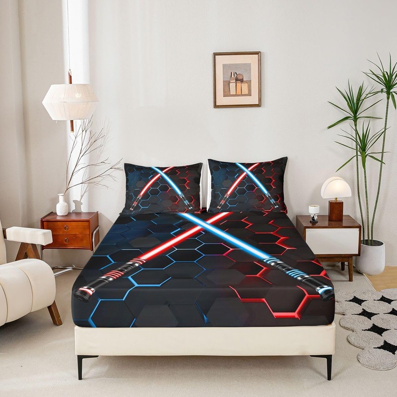 Neon Red Blue Light Up Sword Bed Sheets King Size