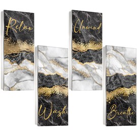 Thyle 4 Pcs Rustic Bathroom Wall Decor Set 10 x 4 x 0.12 Inches Black and Gold Pictures Classic Marble Wall Accents Abstract Modern Acrylic Hanging Signs for Home Farmhouse Bedroom Spa Living Room