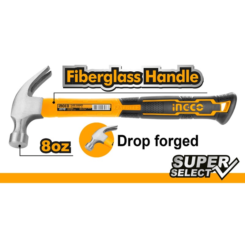 Ingco Claw Hammer, 8 Oz(220g), Drop Forged Head with Fibreglass