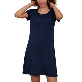 Lucyme Women's Short Nightdress with Ruffles, Short-sleeved Nightdress / Sleepshirt - A-dark blue, size: m