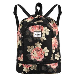 HAWEE Dry Wet Drawstring Backpack with Shoe Compartment for Women and Girls,Boys Waterproof Yoga String Bag Outdoor Sports Rucksack for Gym/Beach/Swim Pool, Rose Black