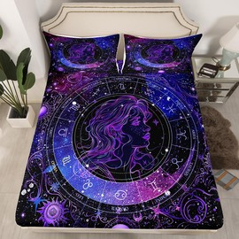 Feelyou Virgo Bedding Set Twin Size Constellation Fitted Sheet for Boys Girls Children Horoscope Astrology Bed Sheet Set Room Decor Constellation Theme Bed Cover Deep Pocket(No Top Ssheet) 2Pcs
