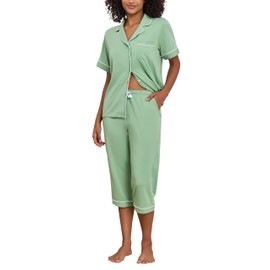 ANLIQI Women's Pajama Sets Cotton Capri Pajamas for Women Soft Modal Button Down Pjs Short Sleeve Sleepwear for Women(SG,M) Sage Green