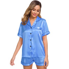SWOMOG Conjunto de pijama de satén de seda para mujer de dos piezas, conjunto de pijama de ropa de dormir, ropa de salón con botones, Azul Marina, L