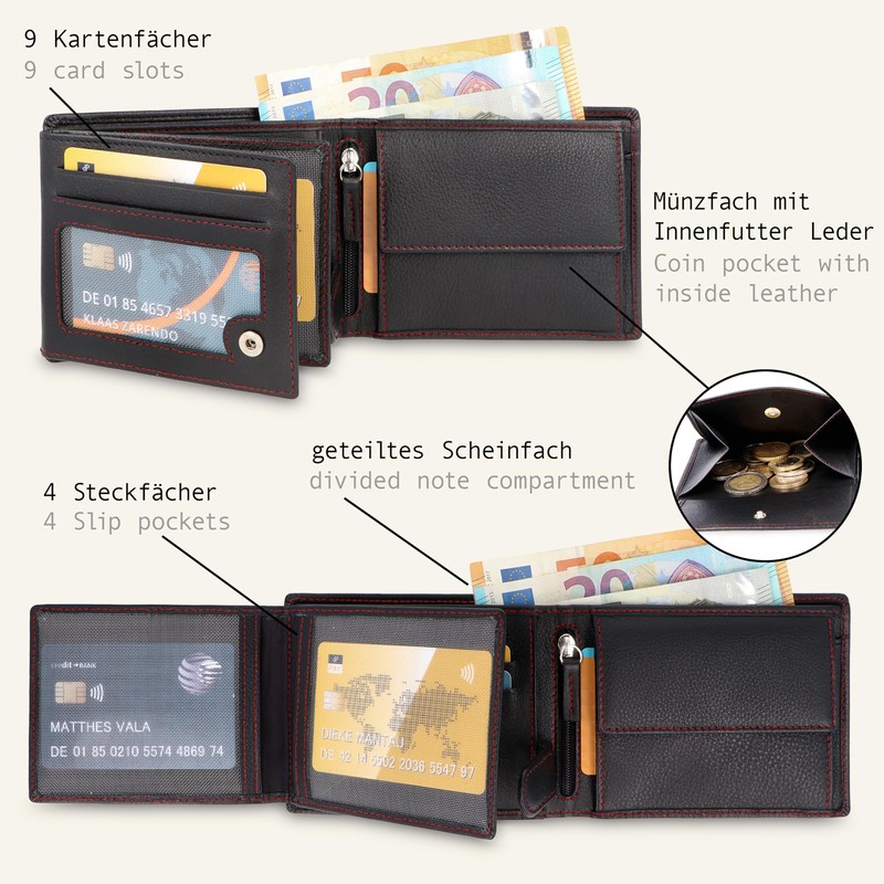 LEDEROW Men's Leather Wallet Black/Red – Landscape Format Wallet with