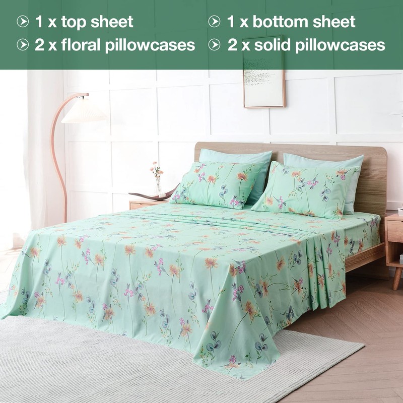 JSD Green Floral Printed Sheet Set King Size 6 Piece,