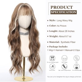 Esmee Long Wavy Highlights Light Brown Wigs for Women Natural Synthetic Hair Heat Resistant Wigs with Bangs for Daily Party Cosplay Use-26 Inches